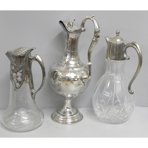 836 - Three claret jugs including one silver plated