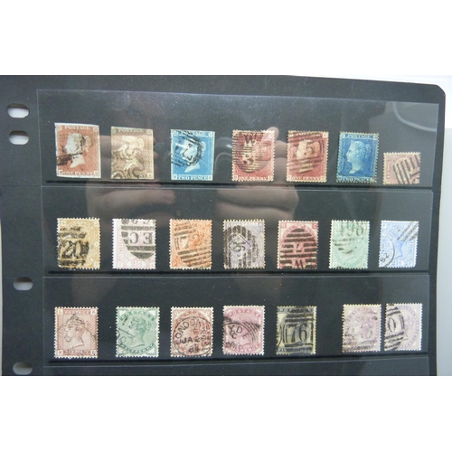 855 - Stamps; a stock sheet of GB Queen Victoria stamps with red and blue imperfects, lilac and green to 6... 