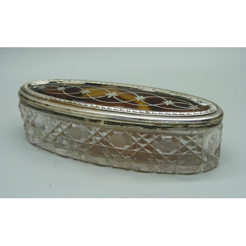 884 - An inlaid silver and tortoiseshell pique cut glass pot, Chester 1908