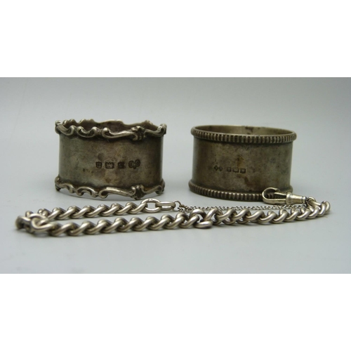 887 - Two silver napkin rings and a silver bracelet, 73g