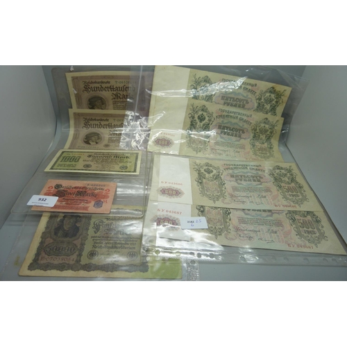 932 - Nine Russian and German bank notes