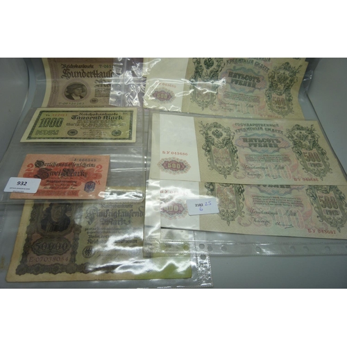 932 - Nine Russian and German bank notes