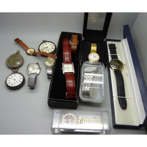 945 - A collection of wristwatches and pocket watches including two silver, Smiths, Swatch, etc.