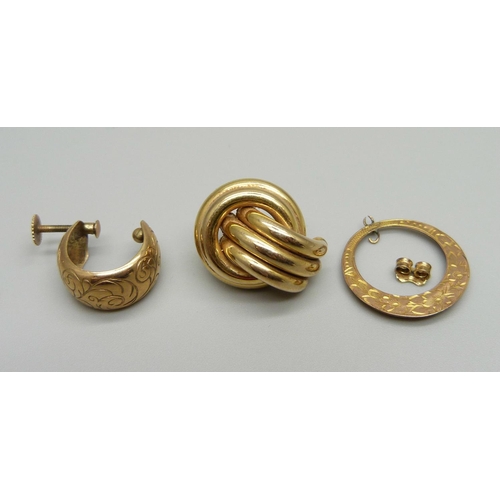 949 - Two single 9ct gold earrings, a/f, and a pair of silver gilt earrings, (2.3g of 9ct gold)