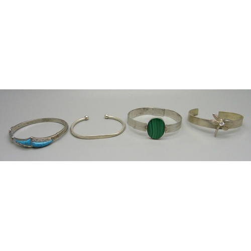 961 - Four silver bangles including turquoise and malachite set, 69g