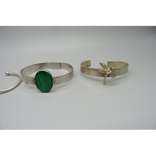 961 - Four silver bangles including turquoise and malachite set, 69g