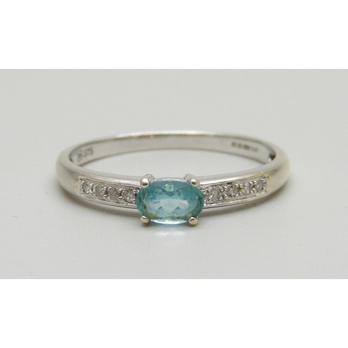 969 - A 9ct gold, aquamarine and eight diamond ring, 2.3g, W