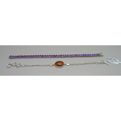 990 - A sterling silver, copper Mojave carnelian set bracelet and a silver and amethyst bracelet