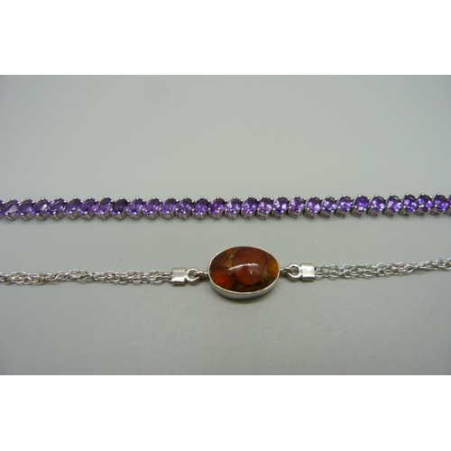 990 - A sterling silver, copper Mojave carnelian set bracelet and a silver and amethyst bracelet