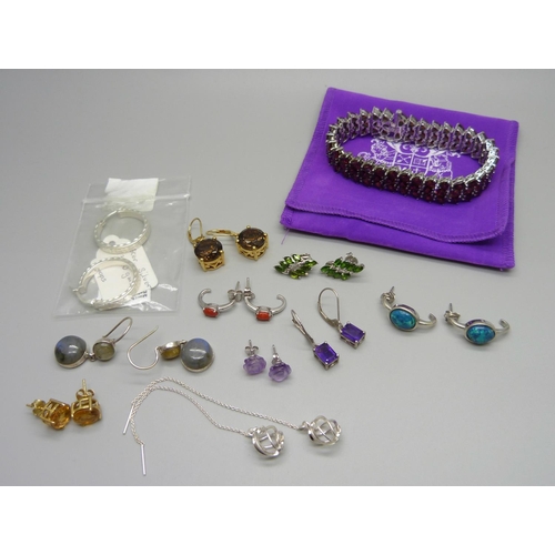 992 - A bracelet with ten pairs of sterling silver and semi precious stone earrings