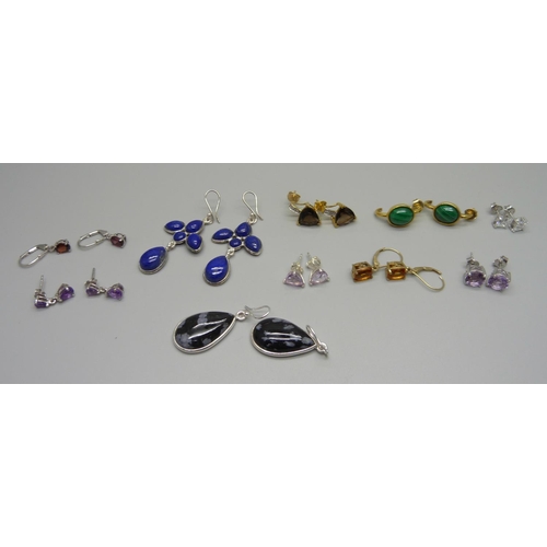 993 - Ten pairs of sterling silver earrings, including malachite, lapis lazuli, citrine and obsidian set