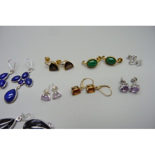 993 - Ten pairs of sterling silver earrings, including malachite, lapis lazuli, citrine and obsidian set