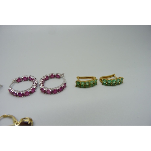 995 - Five pairs of sterling silver earrings set with sapphires, emeralds and rubies