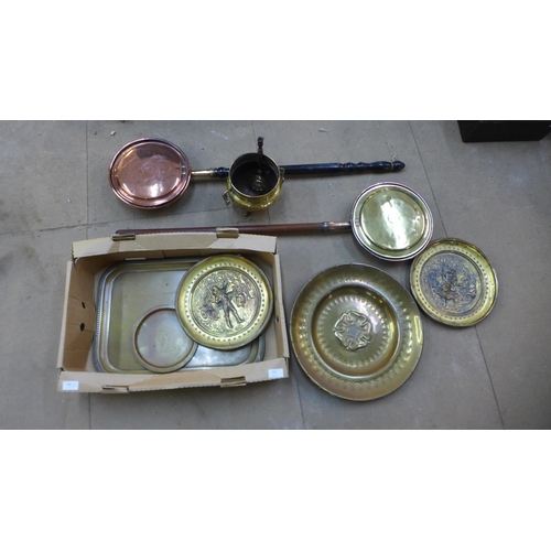 225 - A collection of metalwares; two bed warming pans, charges, a censer, etc.