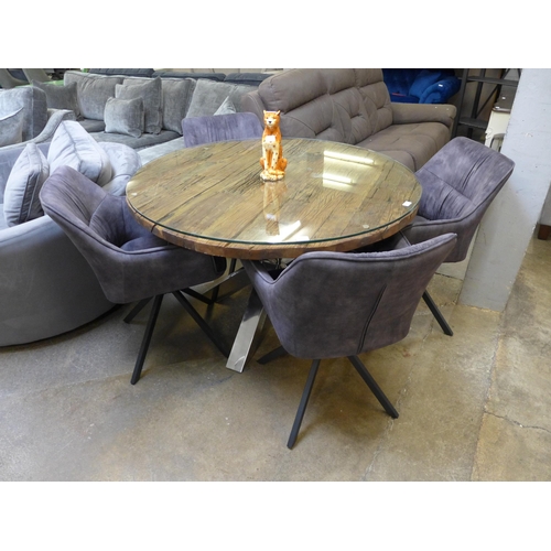 1471 - A Chennai 120cm round glass top dining table with a set of four dark grey velvet swivel chairs * thi... 