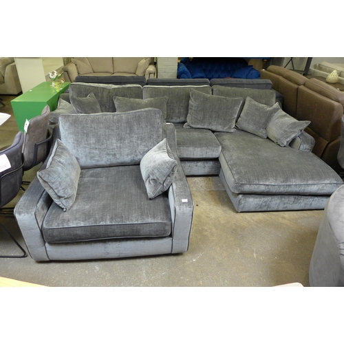 1474 - A pewter velvet 'L' shaped sofa and armchair - damaged feet on leg rest