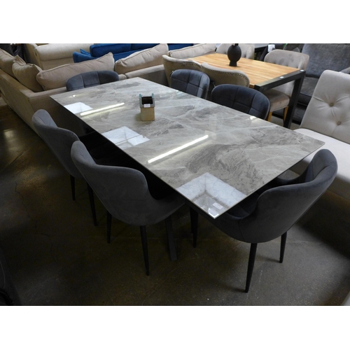 1478 - A Kos 130-180cm marble effect extending dining table with a set of six Kos granite velvet dining cha... 