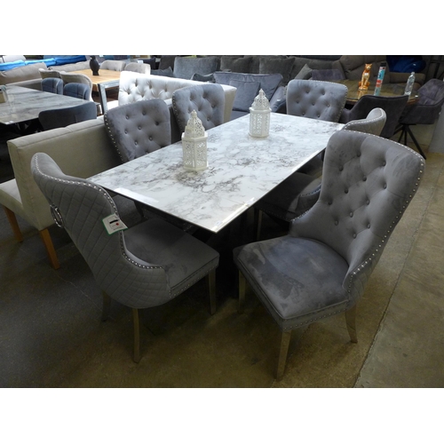 1499 - An Apollo grey marble effect extending dining table with a set of six Chelsea grey button back dinin... 