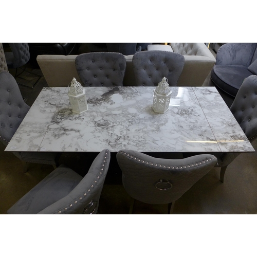 1499 - An Apollo grey marble effect extending dining table with a set of six Chelsea grey button back dinin... 