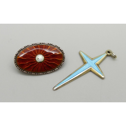 1014 - A silver and enamel brooch and a silver and enamel cross pendant