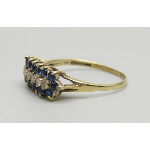 1015 - A 9ct gold, three row fourteen sapphire and five diamond ring, 1.9g, P/Q