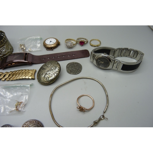 1027 - Assorted jewellery and watches, etc., including a Pandora ring and Swatch watch