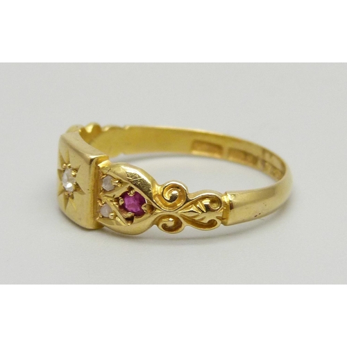 1034 - A c1900 18ct gold, ruby and diamond ring, 2.6g, N