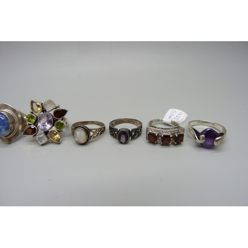 1037 - Ten silver stone set rings, 66g