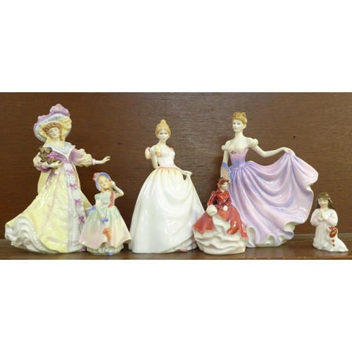 601 - Six Royal Doulton figures; Lady Doulton 1995, signed, Gift of Love, Rachel, Emma, Babie and Innocenc... 