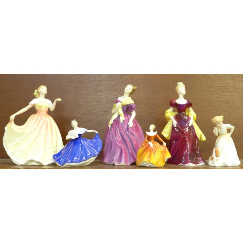 602 - Six Royal Doulton figures; Loretta, Deborah, Adrienne, Elaine, Sit and Fragrance