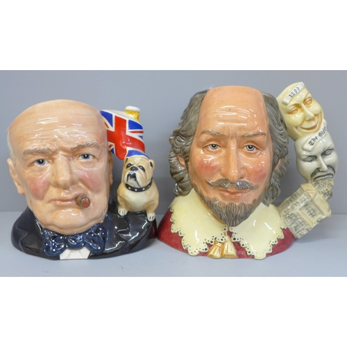 606 - Two Royal Doulton character jugs, Shakespeare and Churchill, with certificates