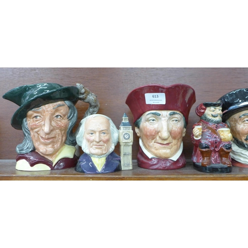 613 - Eleven Royal Doulton character jugs including John Doulton, white jug cracked