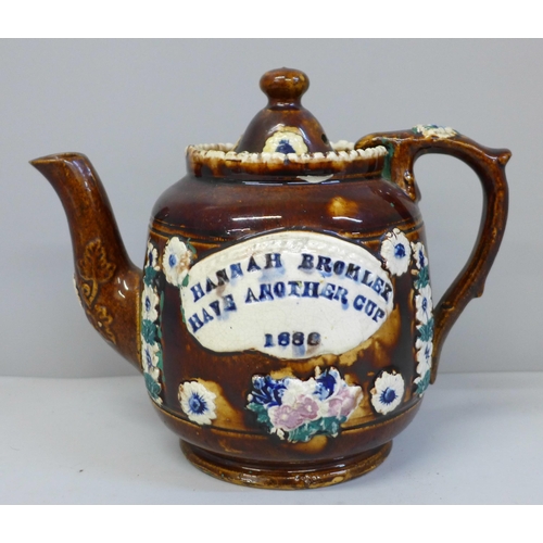 622 - A bargeware teapot, Hannah Bromley 'Have Another Cup' 1880, lid a/f, possibly restored, height 15.5c... 