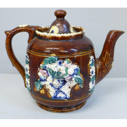 622 - A bargeware teapot, Hannah Bromley 'Have Another Cup' 1880, lid a/f, possibly restored, height 15.5c... 