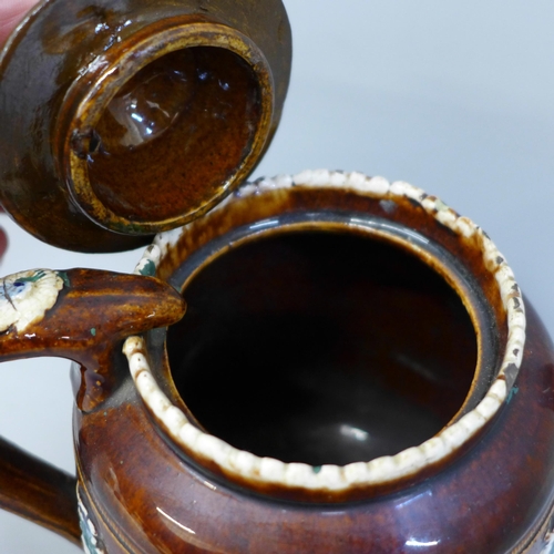 622 - A bargeware teapot, Hannah Bromley 'Have Another Cup' 1880, lid a/f, possibly restored, height 15.5c... 