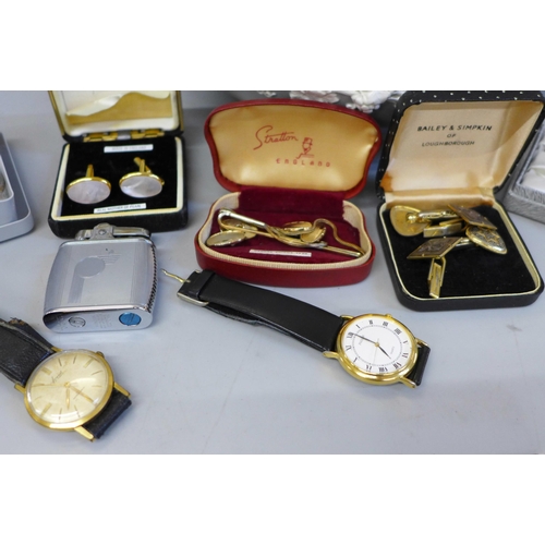 690 - A Wedgwood bowl, watches, cufflinks, a pen set, etc.