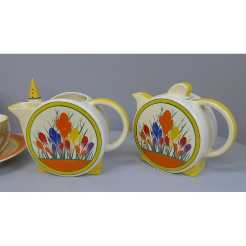 693 - Moorland Chelsea Works china, Crocus by Dean Sherwin, tea pot, cup and saucer, mug, jug and shaker