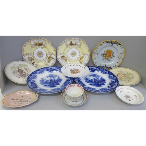 697 - A pair of Copeland and Garrett plates, each with three painted scenes, both a/f, a pair of HB & Cie ... 