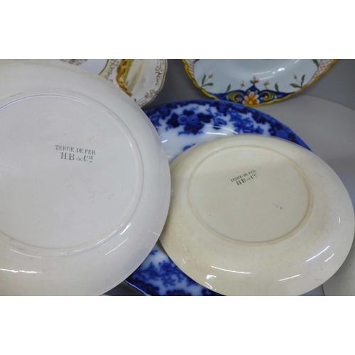 697 - A pair of Copeland and Garrett plates, each with three painted scenes, both a/f, a pair of HB & Cie ... 