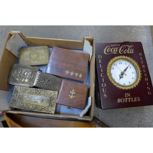 722 - A collection of boxes; metal and inlaid wood, a level box, carved box with bird decoration, a/f, a C... 