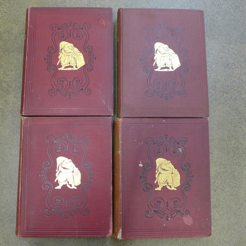 738 - Four red hard bound Punch volumes in red cloth/gold leaf, July-December 1912, July-December 1914, Ju... 