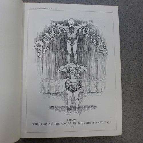 738 - Four red hard bound Punch volumes in red cloth/gold leaf, July-December 1912, July-December 1914, Ju... 