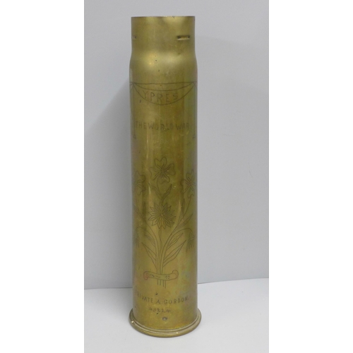 782 - A trench art shell vase, Ypres, Private A. Gordon, 49224