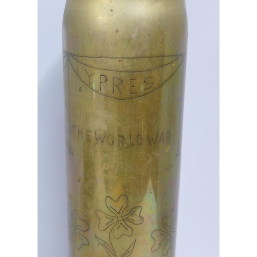 782 - A trench art shell vase, Ypres, Private A. Gordon, 49224