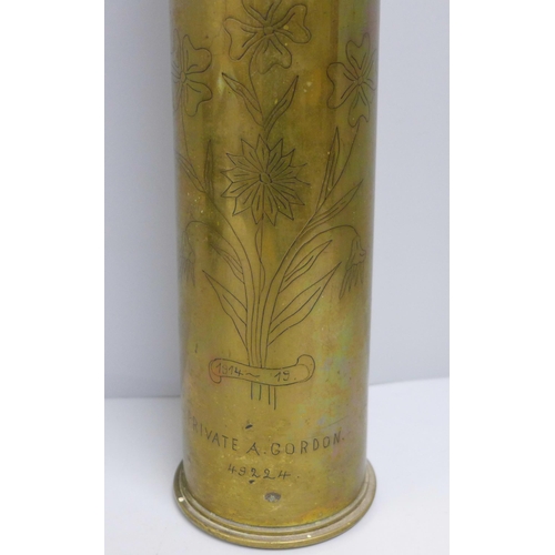 782 - A trench art shell vase, Ypres, Private A. Gordon, 49224