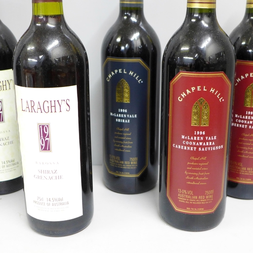 788 - Six bottles; two Chapel Hill Australian red wine, Cabernet Sauvignon, two Shiraz and two Laraghys 19... 