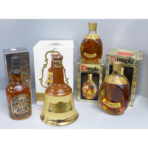 789 - Four boxed bottles of whisky, Bells, two John Haig Dimple and Chivas Regal