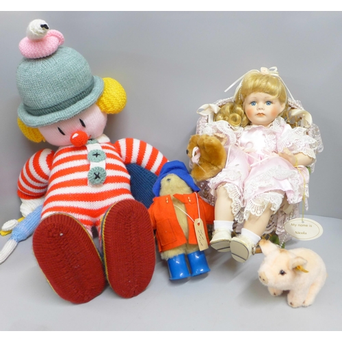 790 - Three soft toys including a Steiff piglet and a Gabrielle Paddington Bear, and a doll