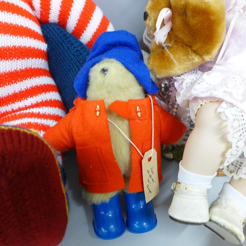 790 - Three soft toys including a Steiff piglet and a Gabrielle Paddington Bear, and a doll