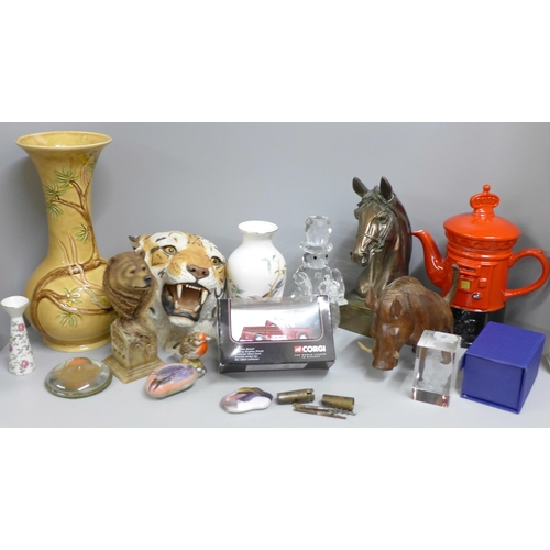 798 - A Price Kensington teapot, a wooden vase, animal figures, a glass model snowman, resin horse, a resi... 